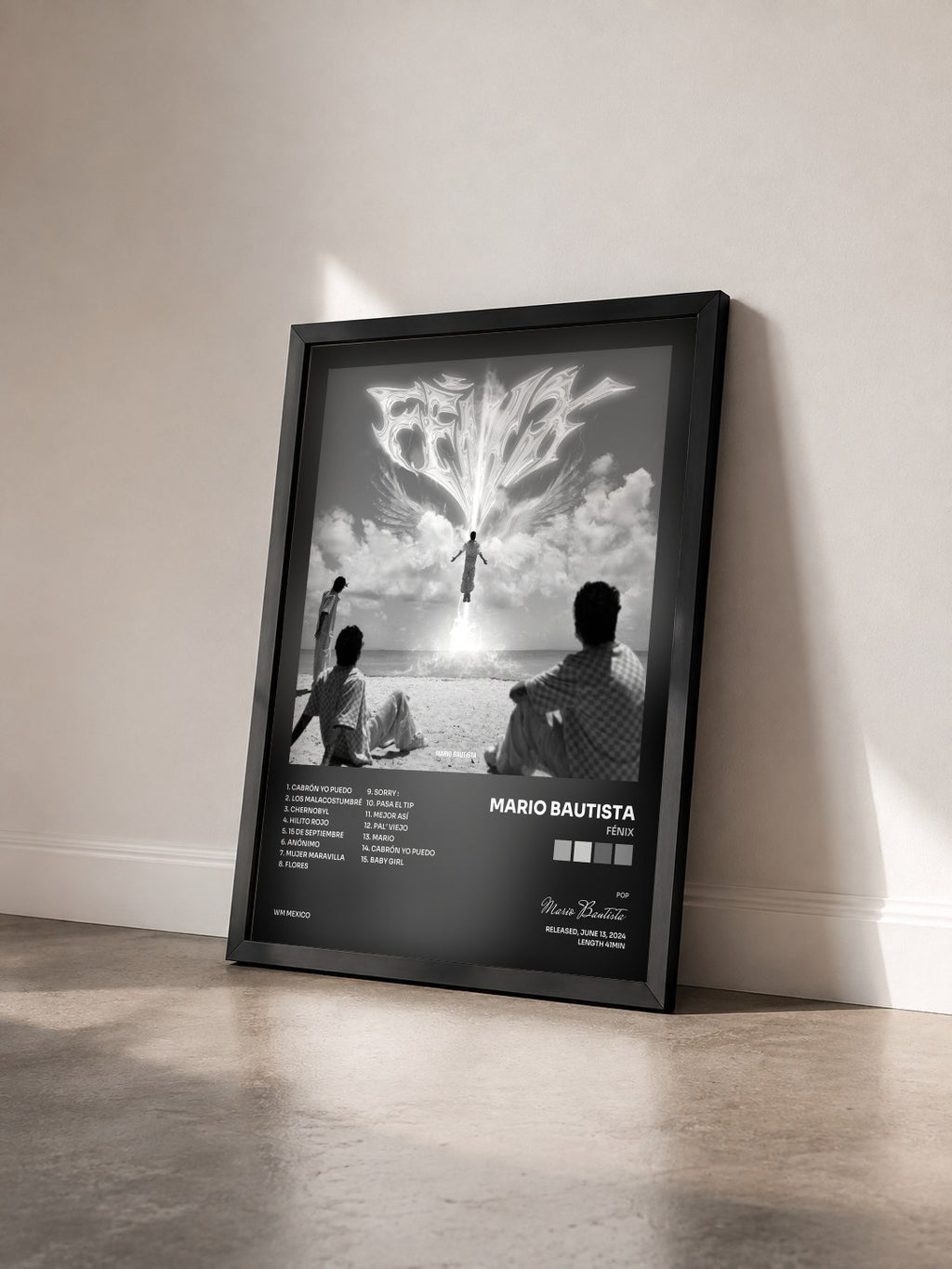 #noir Tableau de l'album Fénix de Mario Bautista vu de trois quarts, cadre noir