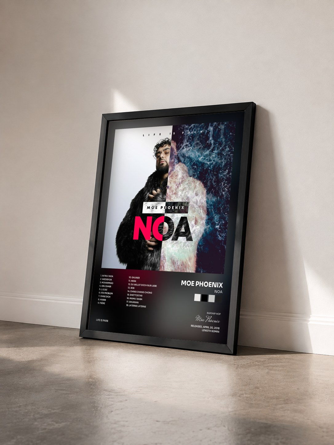 #noir Tableau de l'album NOA de Moe Phoenix vu de trois quarts, cadre noir