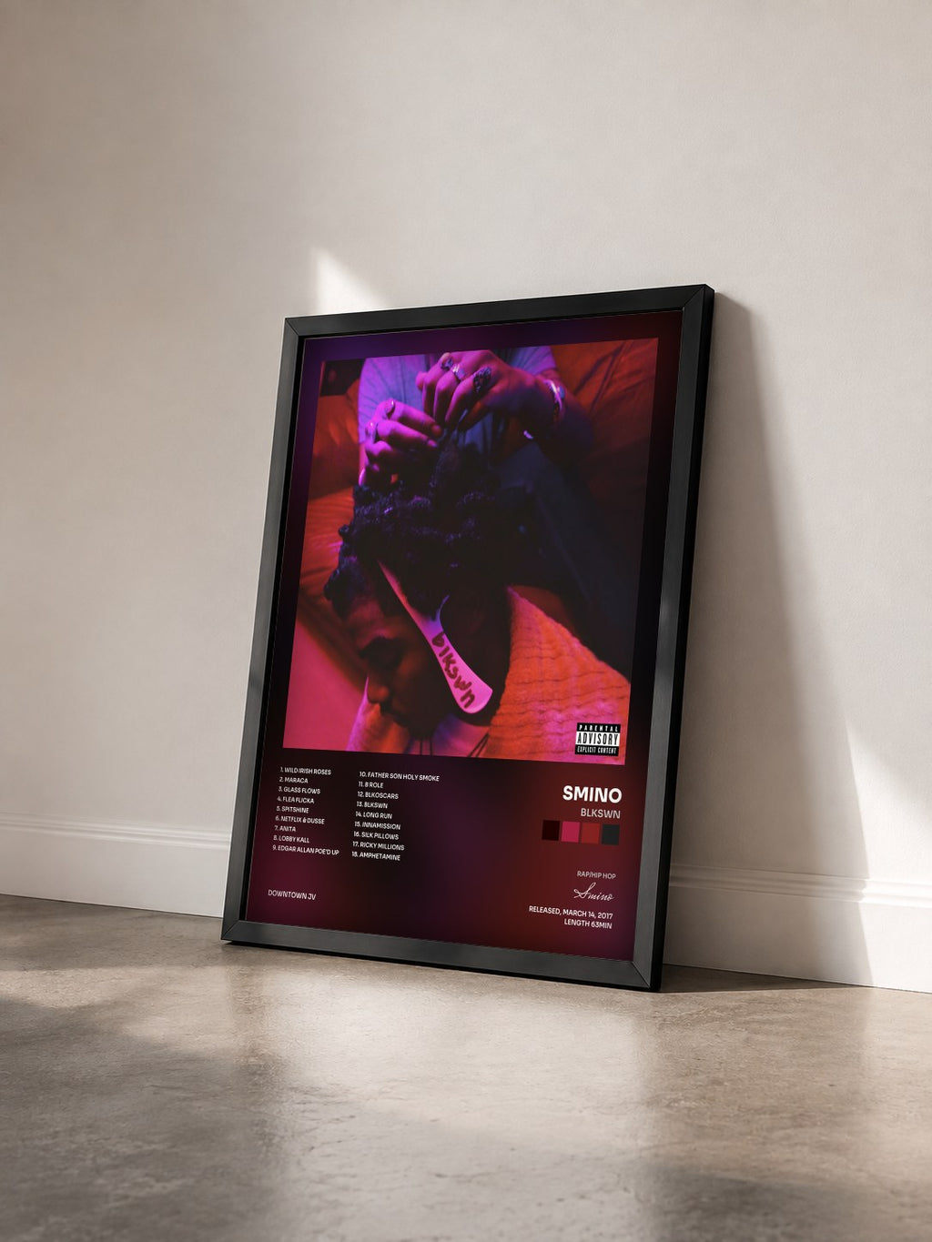 #noir Tableau de l'album blkswn de Smino vu de trois quarts, cadre noir