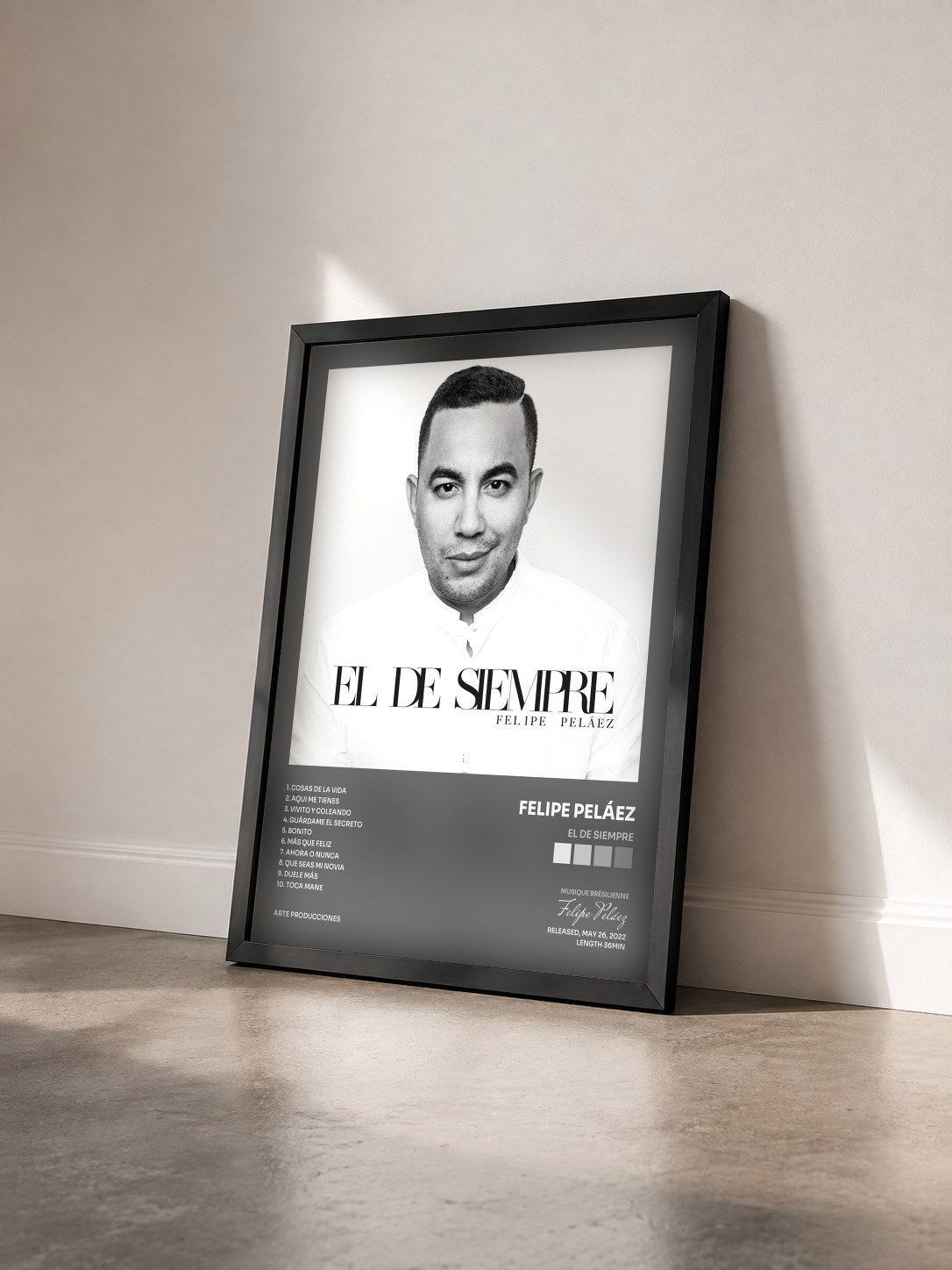 #noir Tableau de l'album EL DE SIEMPRE de Felipe Peláez vu de trois quarts, cadre noir