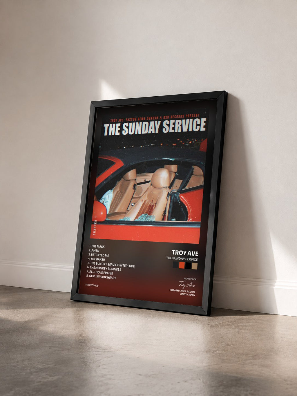 #noir Tableau de l'album THE SUNDAY SERVICE de Troy Ave vu de trois quarts, cadre noir