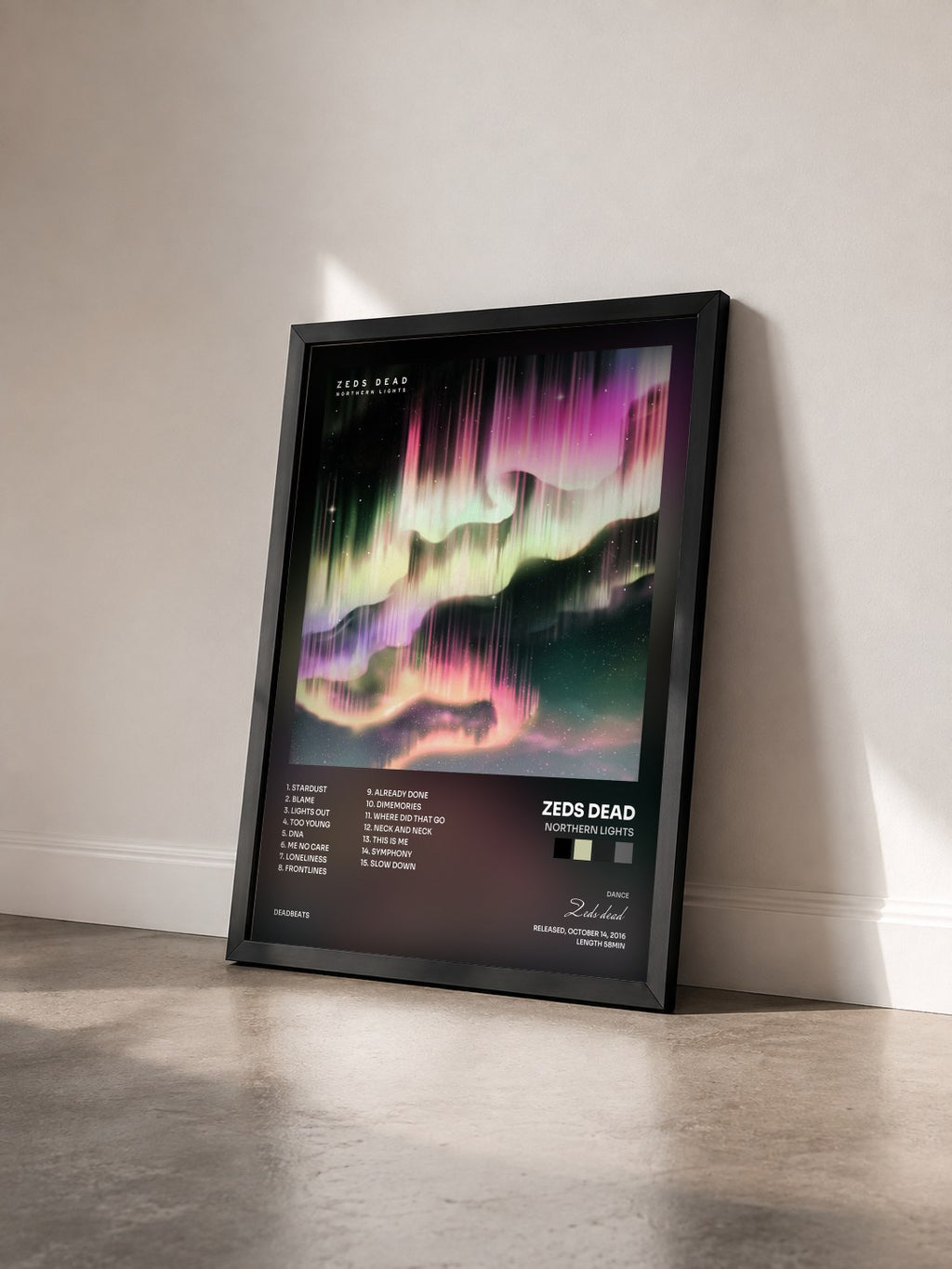 #noir Tableau de l'album Northern Lights de Zeds dead vu de trois quarts, cadre noir