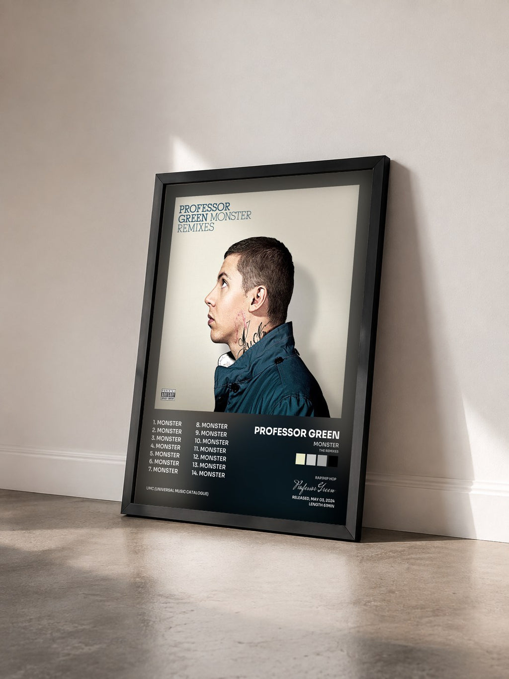 #noir Tableau de l'album Monster (The Remixes) de Professor Green vu de trois quarts, cadre noir