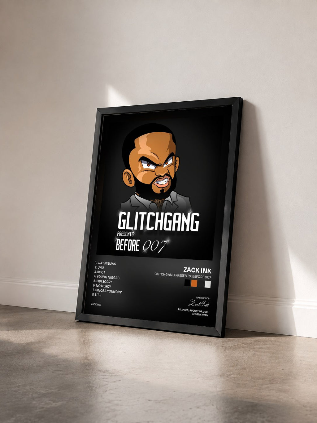 #noir Tableau de l'album GlitchGang Presents: Before 007 de Zack Ink vu de trois quarts, cadre noir