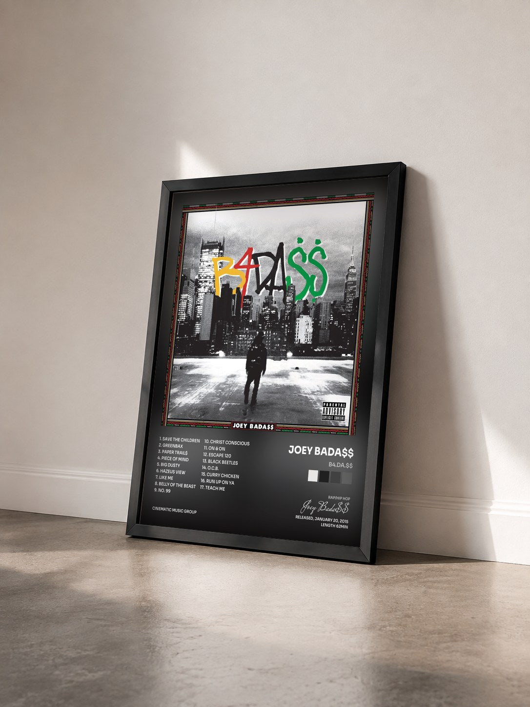 #noir Tableau de l'album B4.DA.$$ de Joey Bada$$ vu de trois quarts, cadre noir