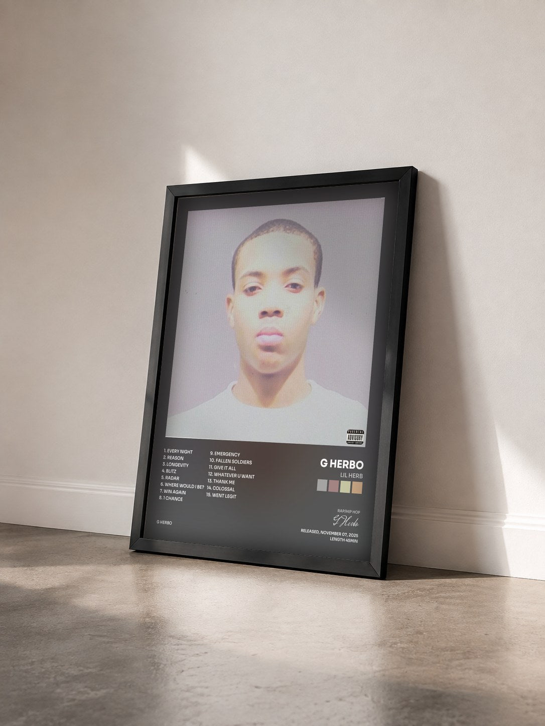 #noir Tableau de l'album Lil Herb de G Herbo vu de trois quarts, cadre noir