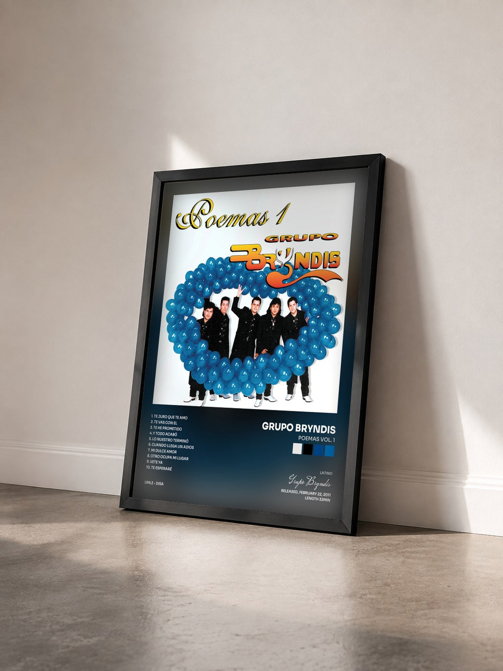 #noir Tableau de l'album Poemas Vol. 1 de Grupo Bryndis vu de trois quarts, cadre noir