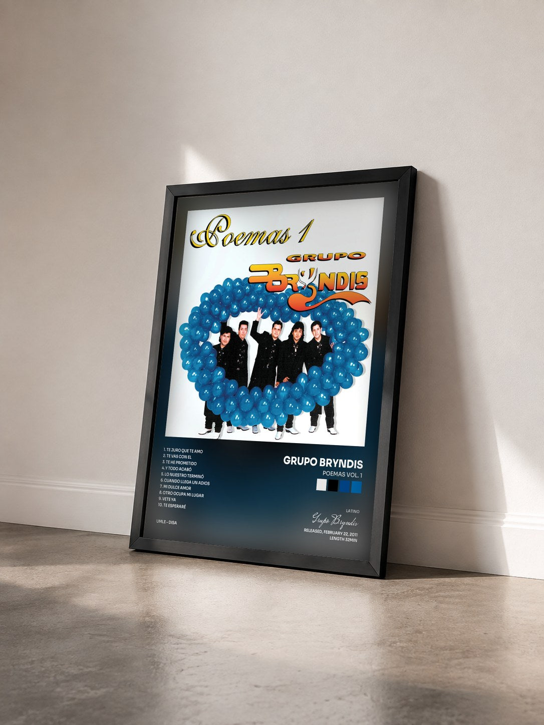 #noir Tableau de l'album Poemas Vol. 1 de Grupo Bryndis vu de trois quarts, cadre noir