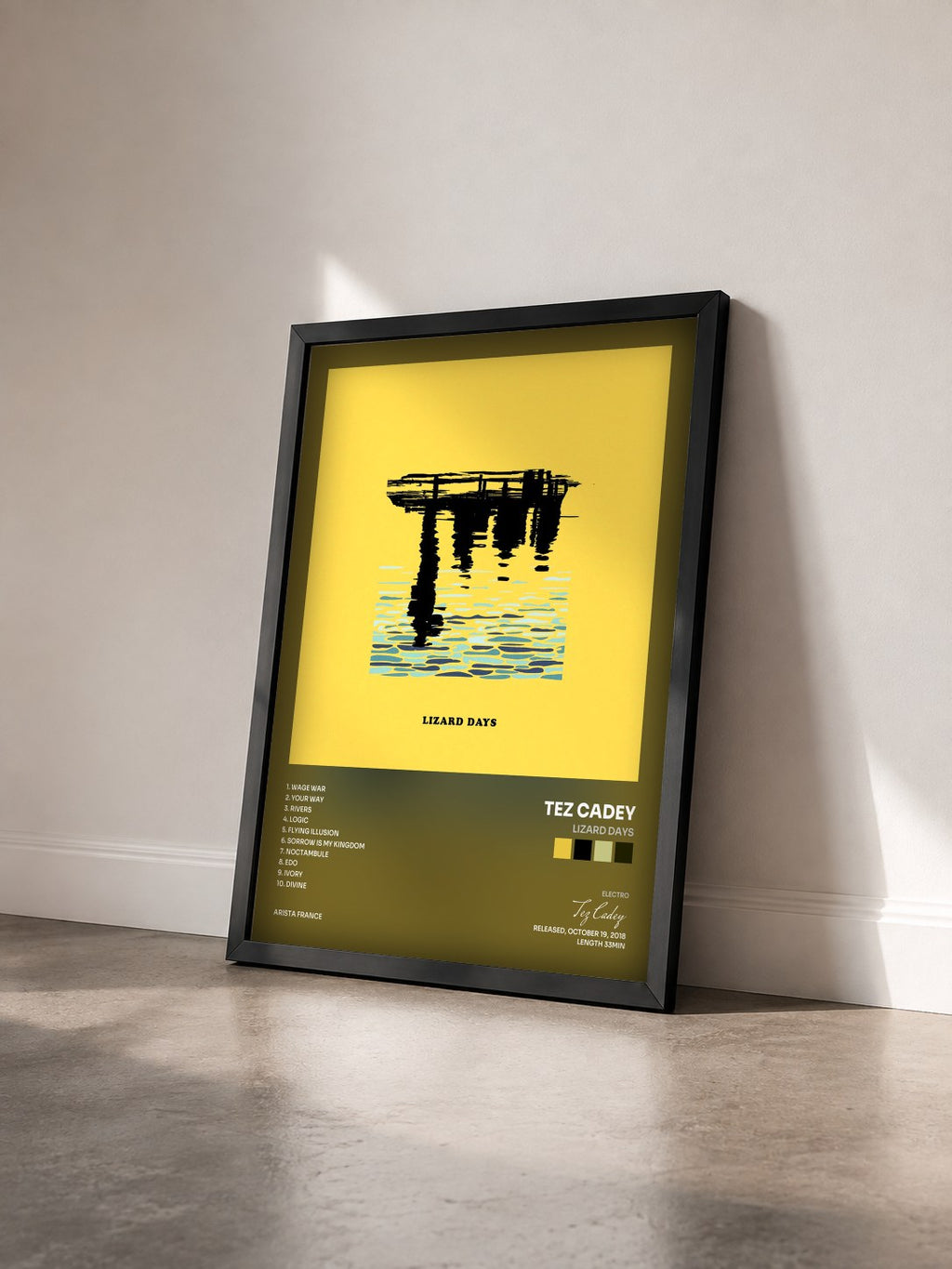 #noir Tableau de l'album Lizard Days de Tez Cadey vu de trois quarts, cadre noir