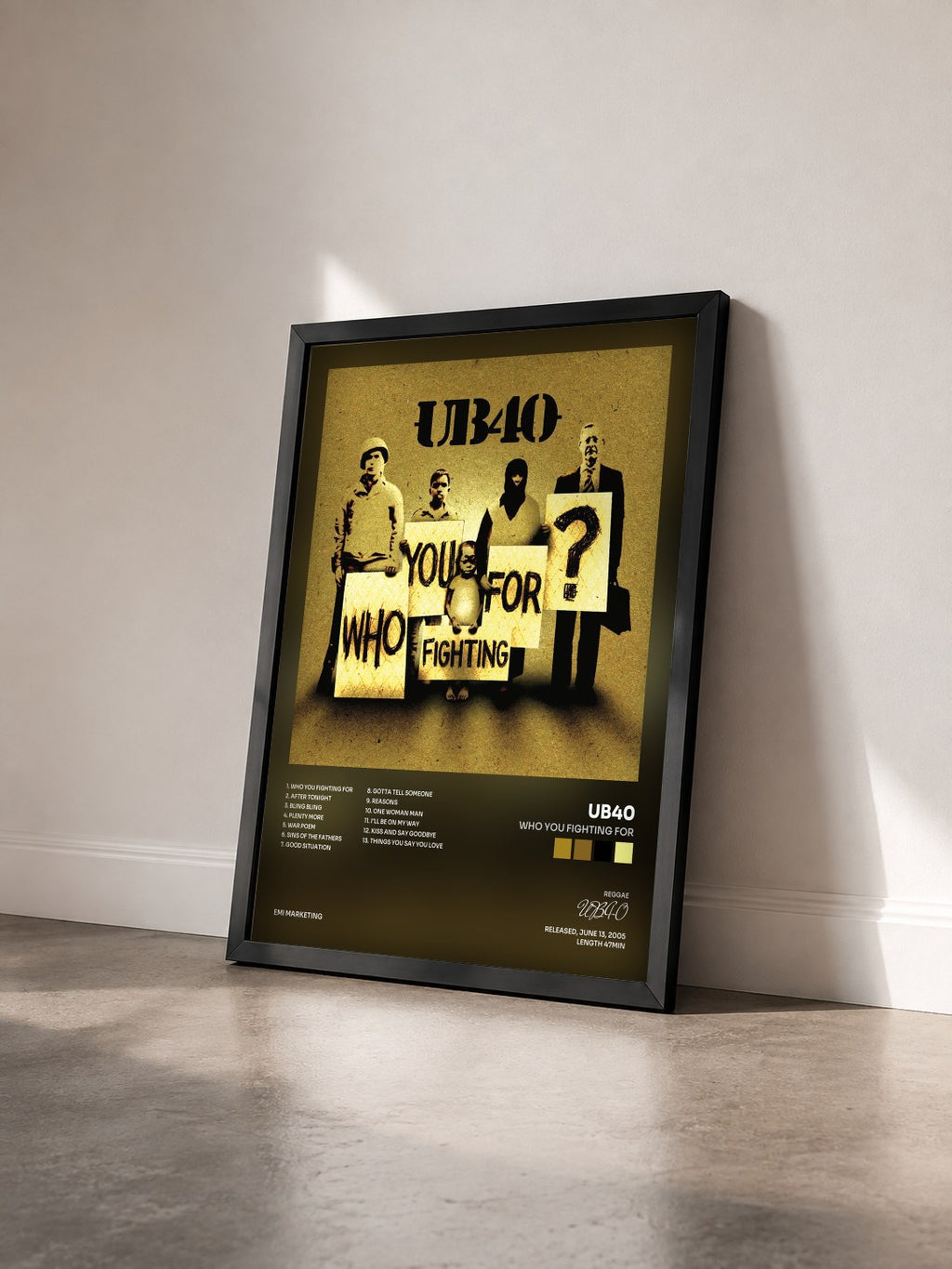 #noir Tableau de l'album Who You Fighting For de UB40 vu de trois quarts, cadre noir