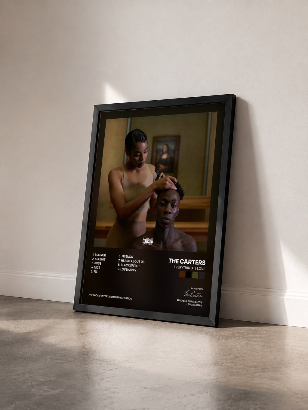 #noir Tableau de l'album EVERYTHING IS LOVE de The Carters vu de trois quarts, cadre noir