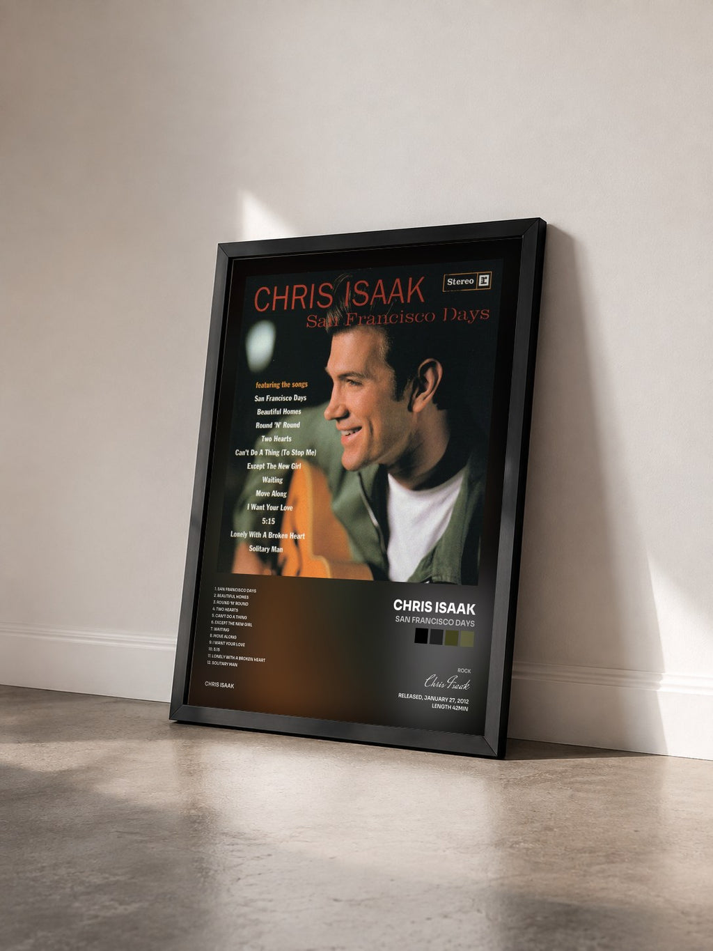 #noir Tableau de l'album San Francisco Days de Chris Isaak vu de trois quarts, cadre noir