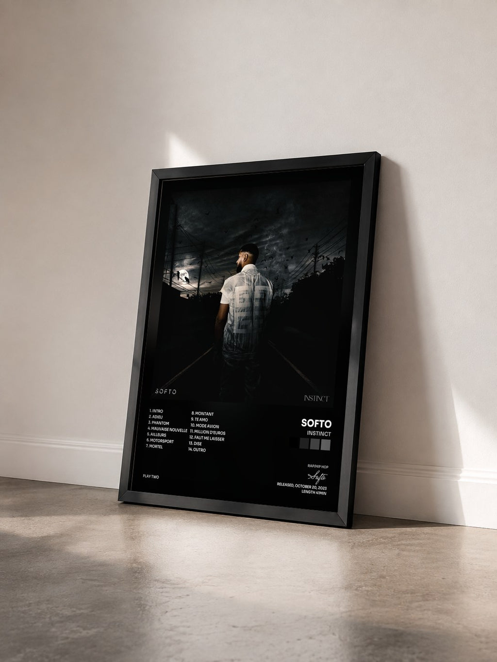 #noir Tableau de l'album Instinct de Softo vu de trois quarts, cadre noir