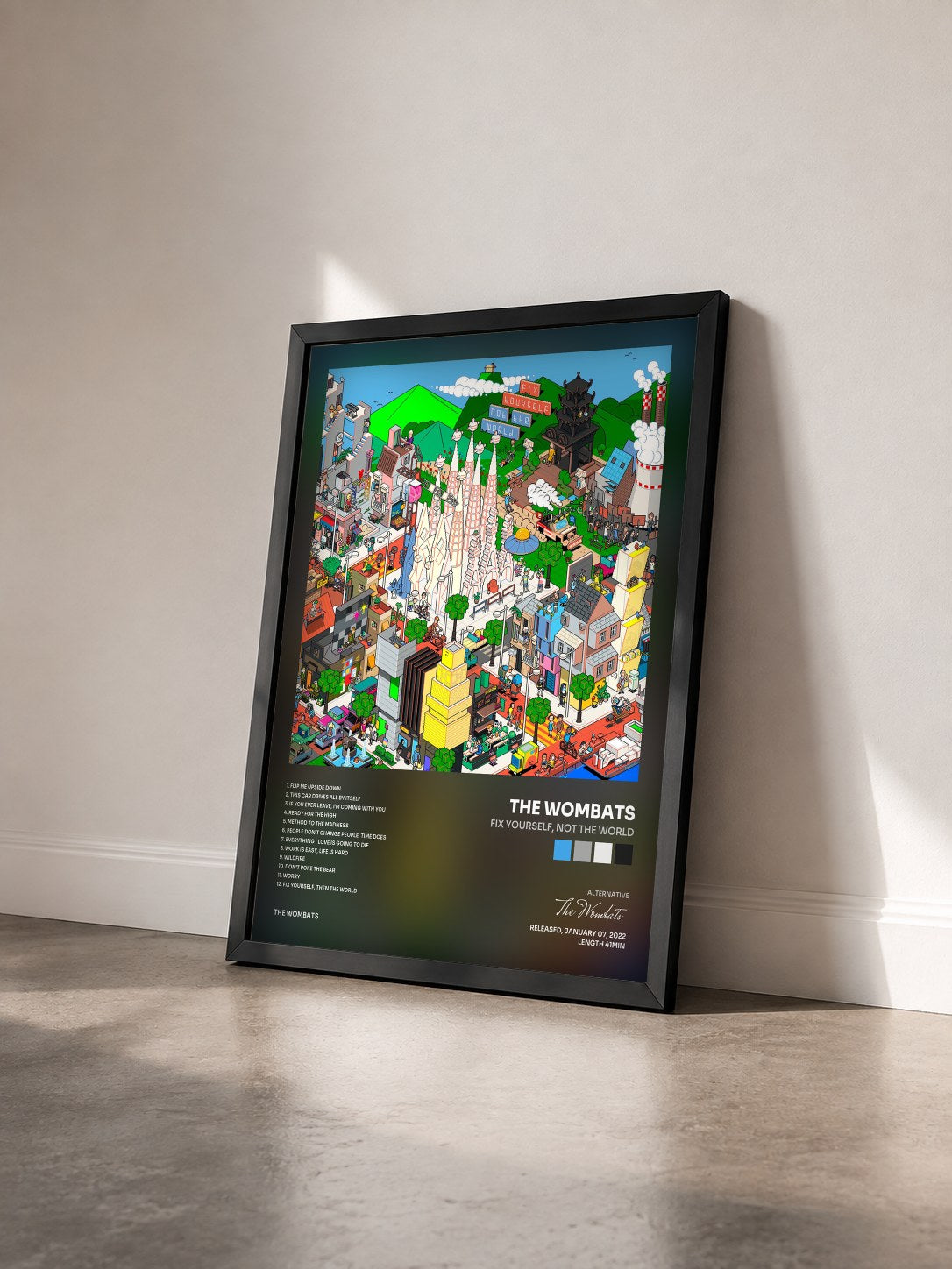 #noir Tableau de l'album Fix Yourself, Not the World de The Wombats vu de trois quarts, cadre noir