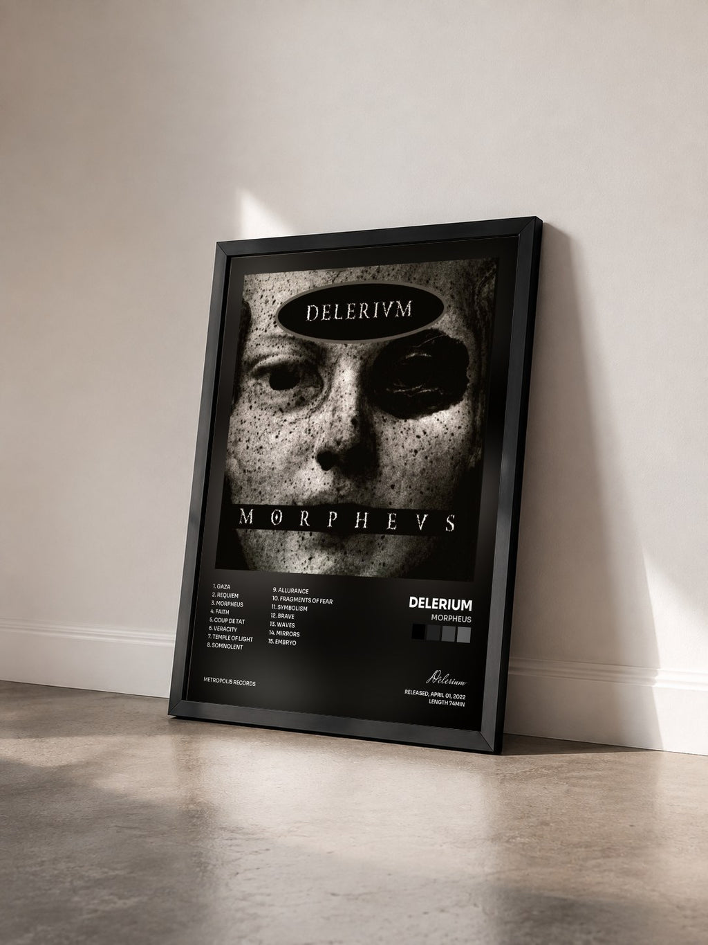 #noir Tableau de l'album Morpheus de Delerium vu de trois quarts, cadre noir