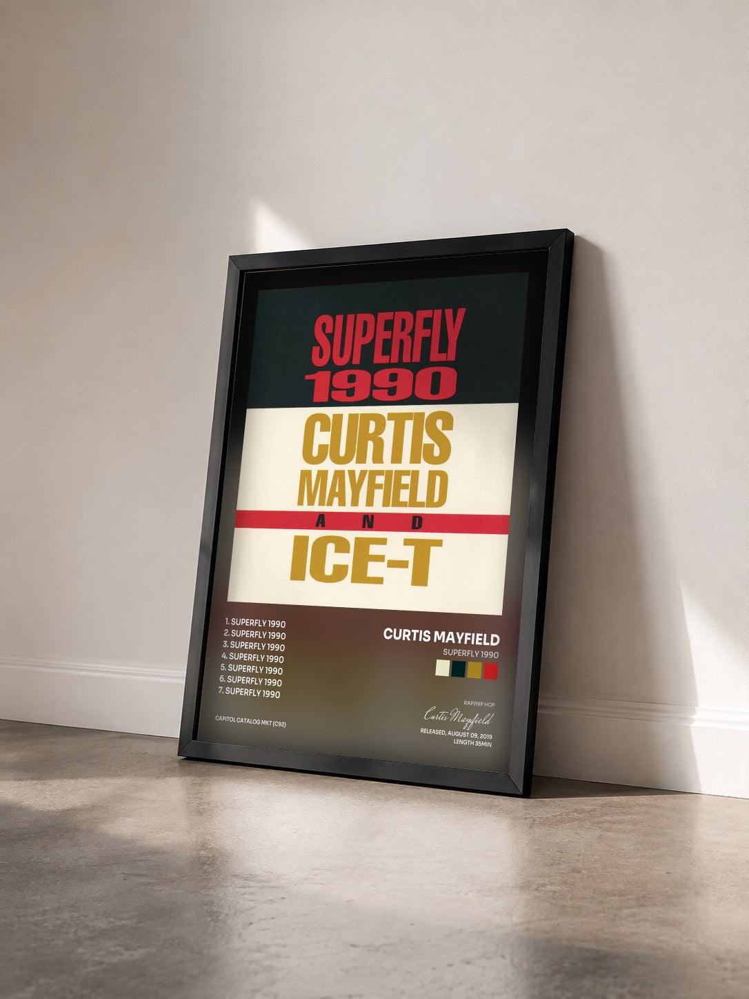 #noir Tableau de l'album Superfly 1990 de Curtis Mayfield vu de trois quarts, cadre noir