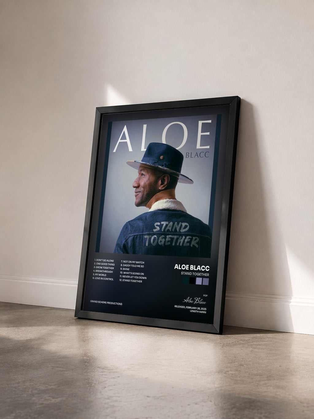 #noir Tableau de l'album Stand Together de Aloe Blacc vu de trois quarts, cadre noir