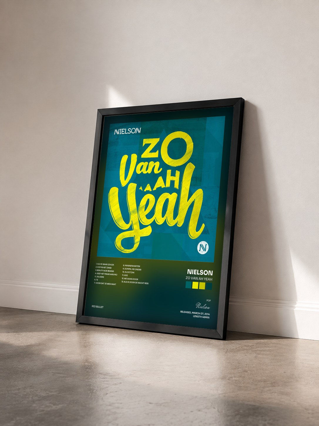 #noir Tableau de l'album Zo Van Ah Yeah de Nielson vu de trois quarts, cadre noir
