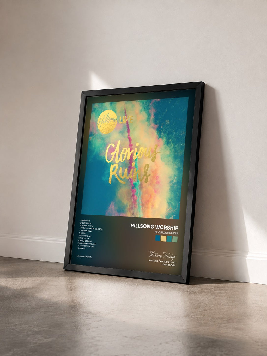 #noir Tableau de l'album Glorious Ruins de Hillsong Worship vu de trois quarts, cadre noir