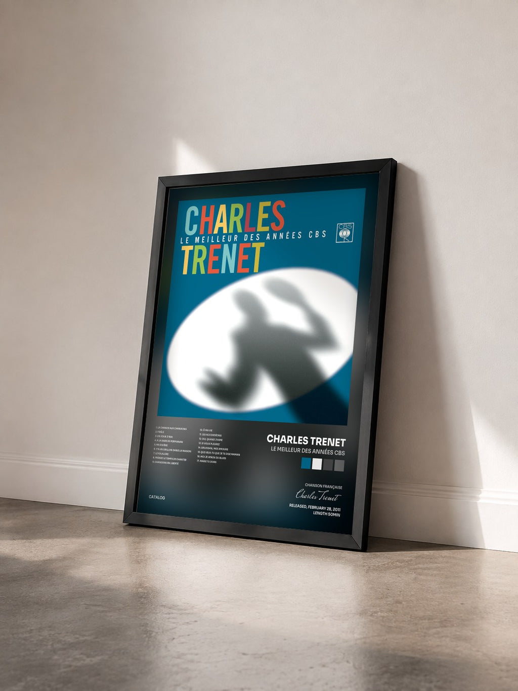 #noir Tableau de l'album Le meilleur des années CBS de Charles Trenet vu de trois quarts, cadre noir