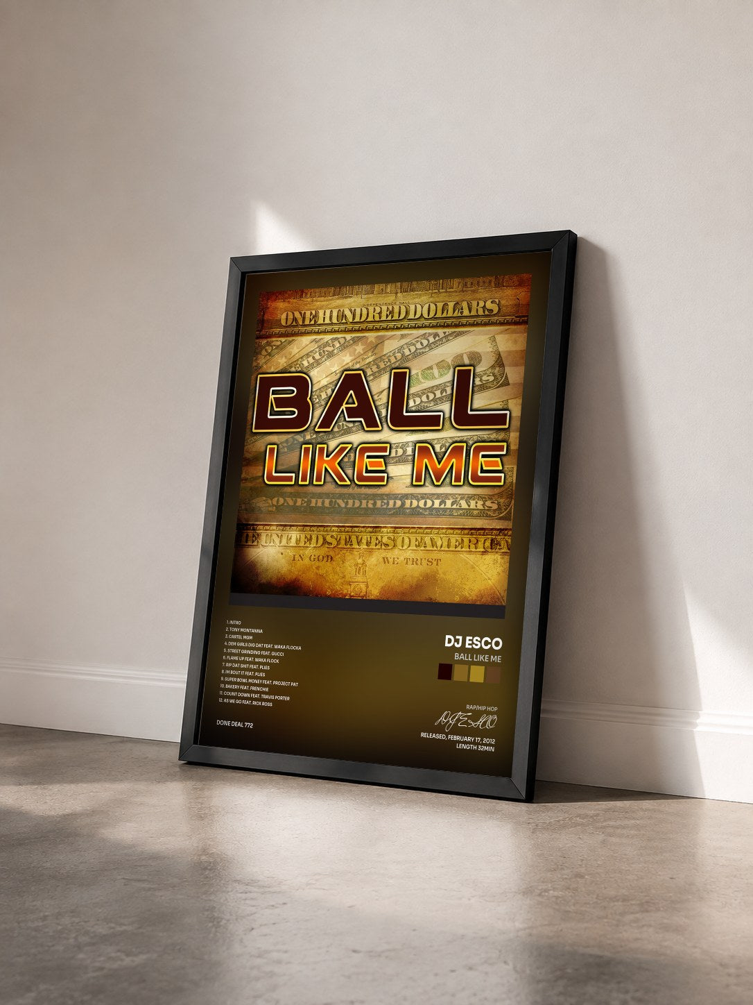 #noir Tableau de l'album Ball like Me de DJ ESCO vu de trois quarts, cadre noir
