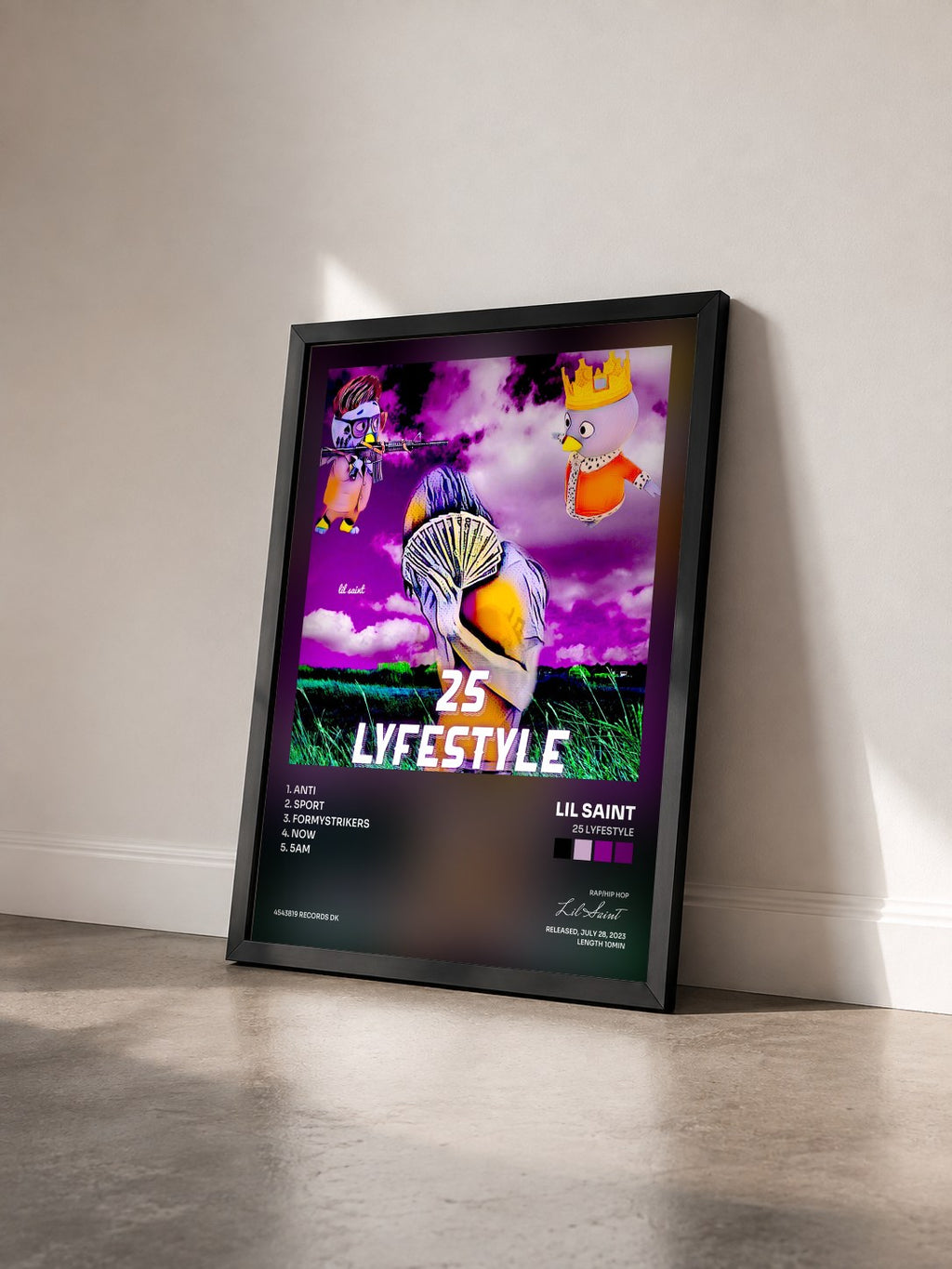 #noir Tableau de l'album 25 LYFESTYLE de Lil Saint vu de trois quarts, cadre noir