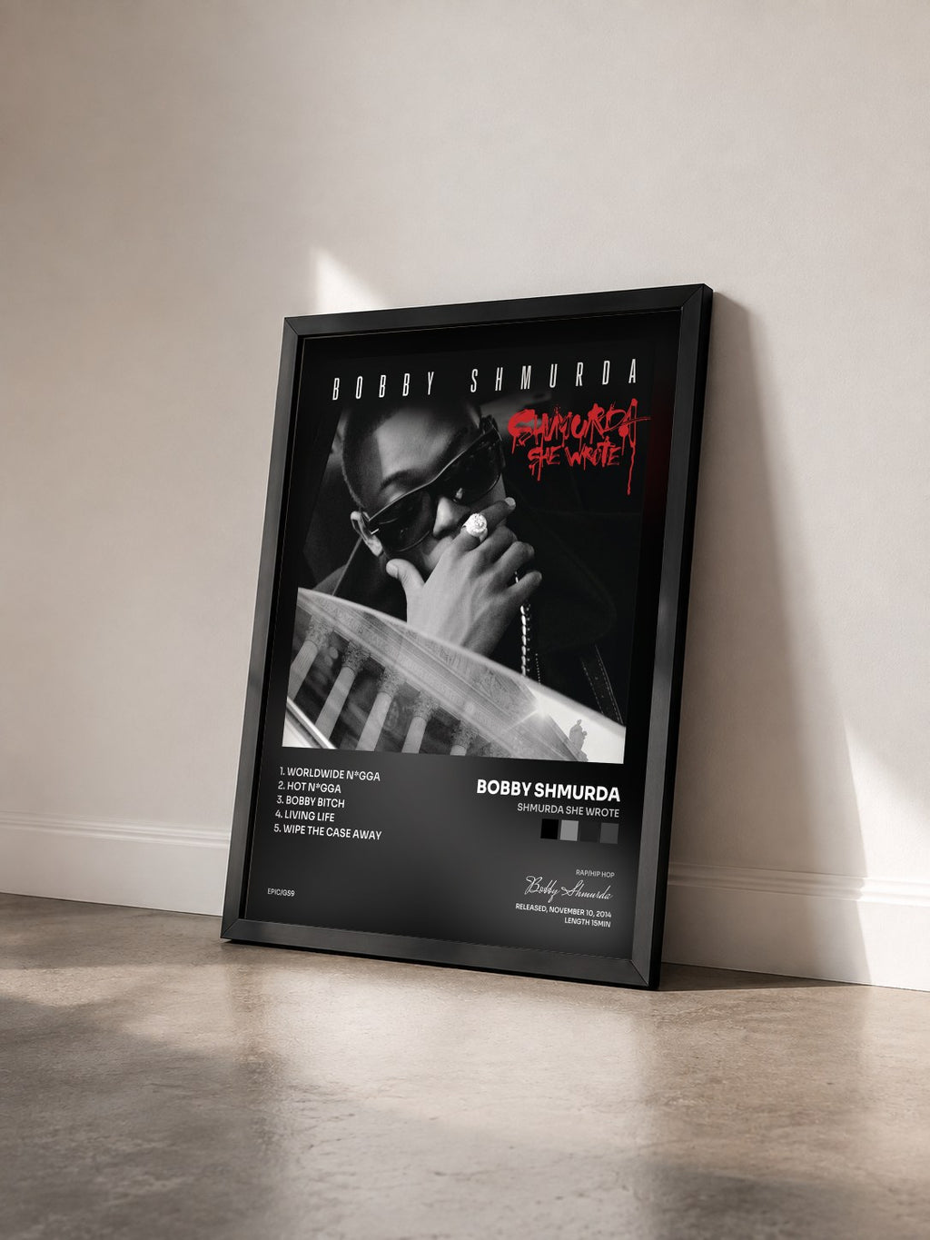 #noir Tableau de l'album Shmurda She Wrote de Bobby Shmurda vu de trois quarts, cadre noir