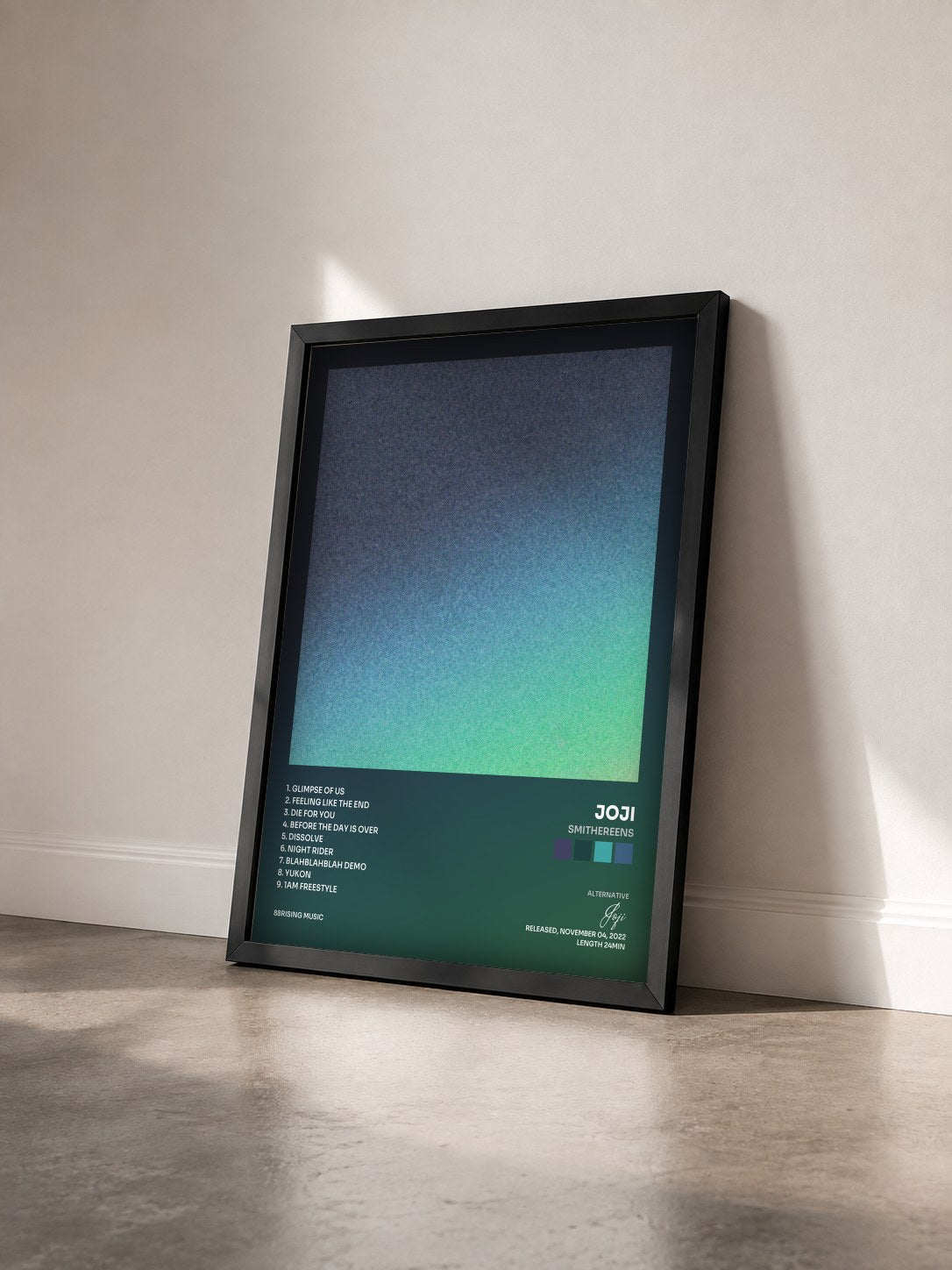 #noir Tableau de l'album SMITHEREENS de Joji vu de trois quarts, cadre noir