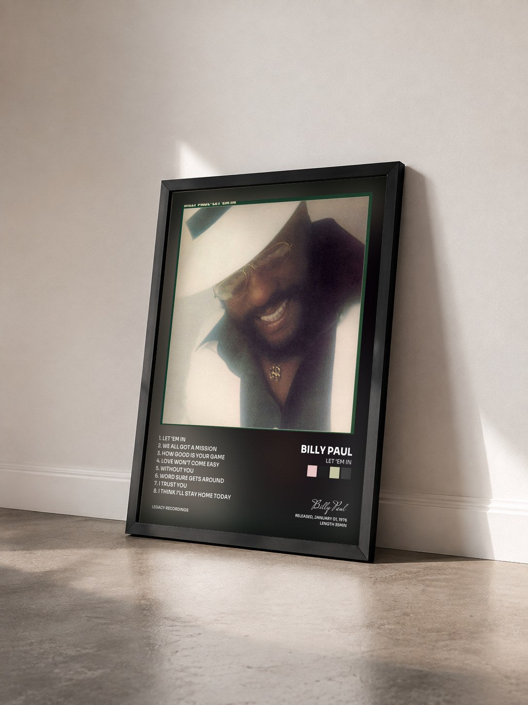 #noir Tableau de l'album Let 'Em In de Billy Paul vu de trois quarts, cadre noir