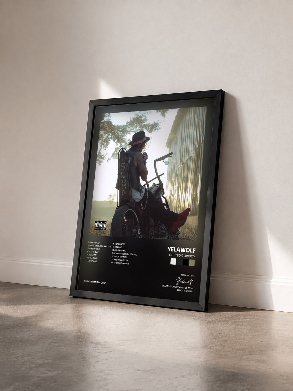 #noir Tableau de l'album Ghetto Cowboy de Yelawolf vu de trois quarts, cadre noir