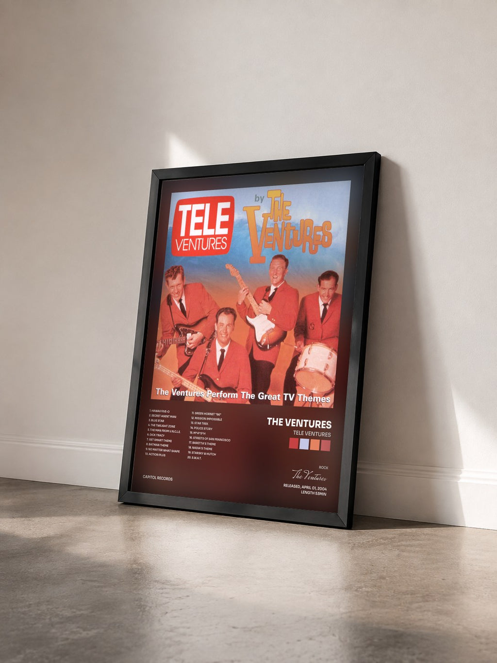 #noir Tableau de l'album Tele Ventures de The Ventures vu de trois quarts, cadre noir
