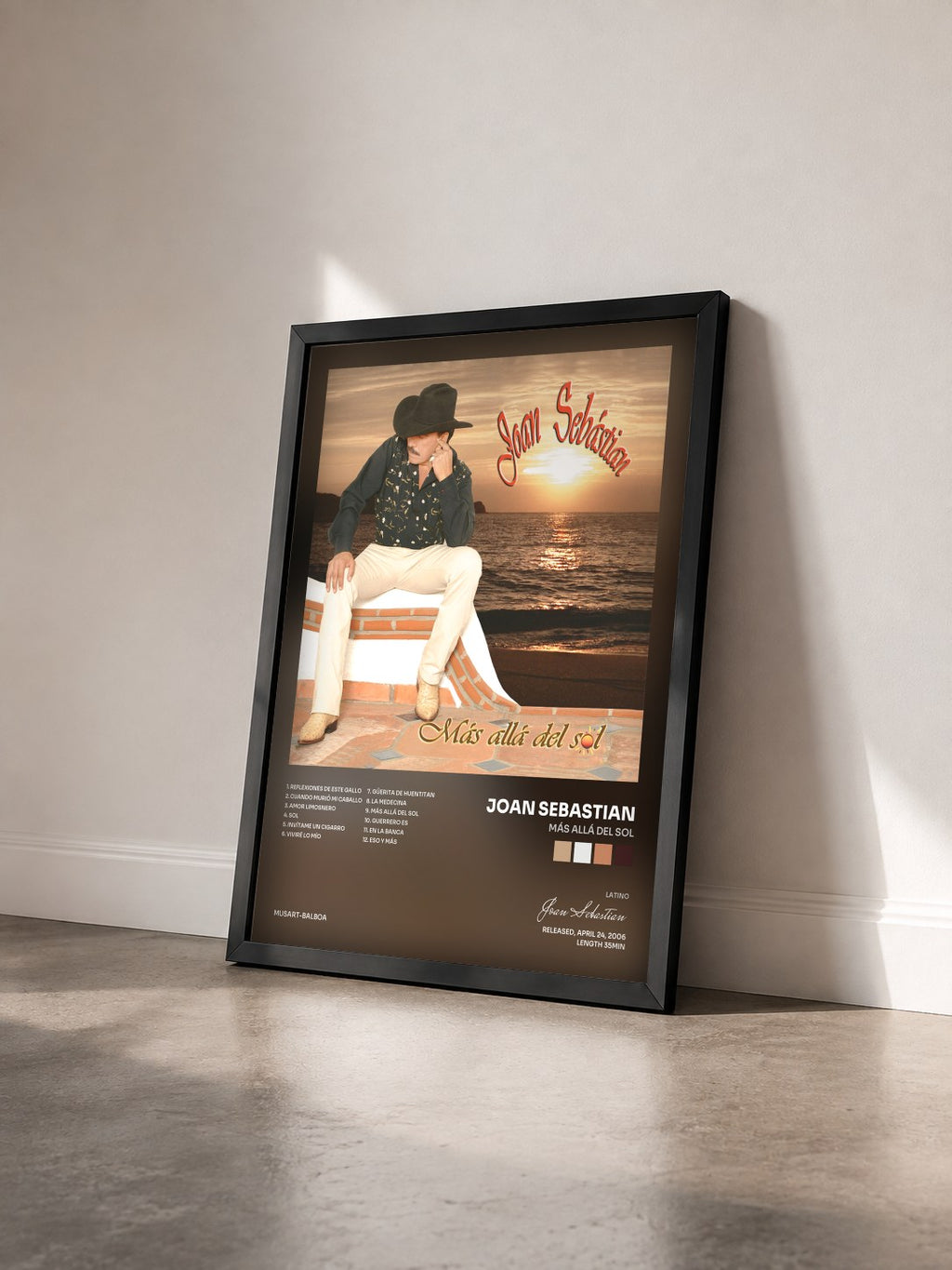 #noir Tableau de l'album Más Allá Del Sol de Joan Sebastian vu de trois quarts, cadre noir