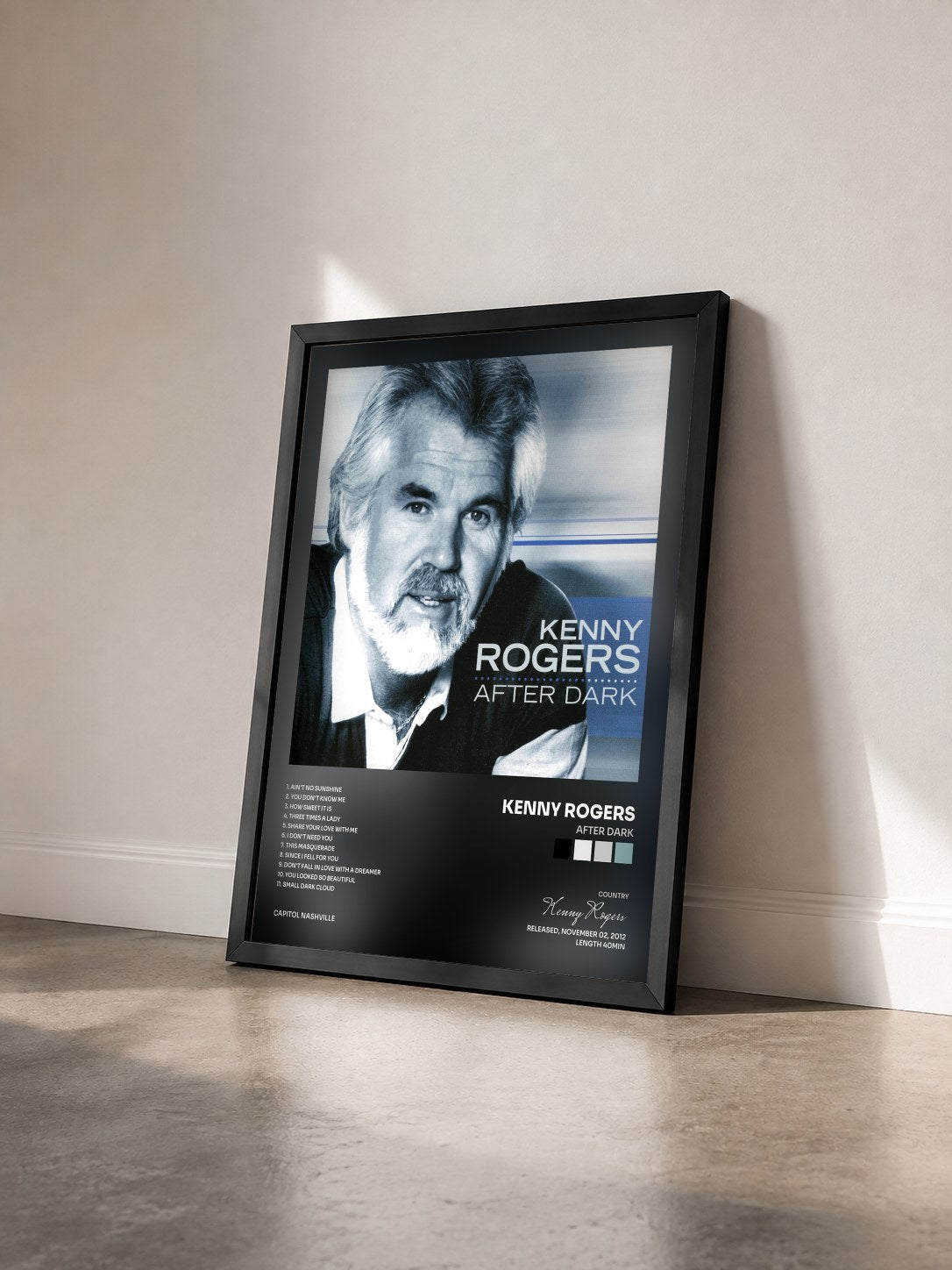#noir Tableau de l'album After Dark de Kenny Rogers vu de trois quarts, cadre noir