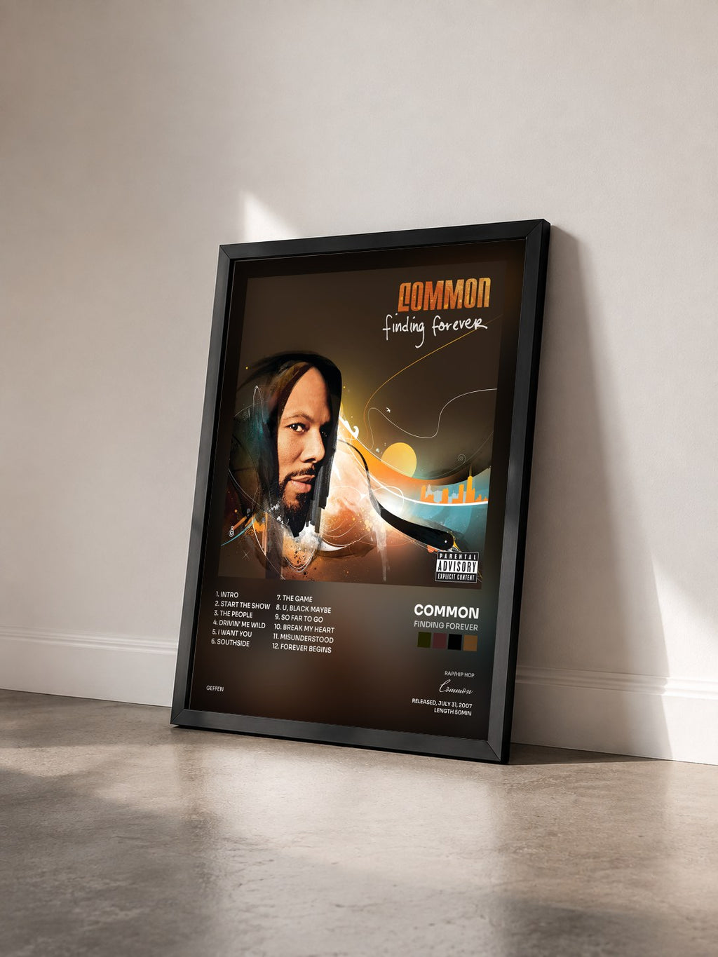 #noir Tableau de l'album Finding Forever de Common vu de trois quarts, cadre noir