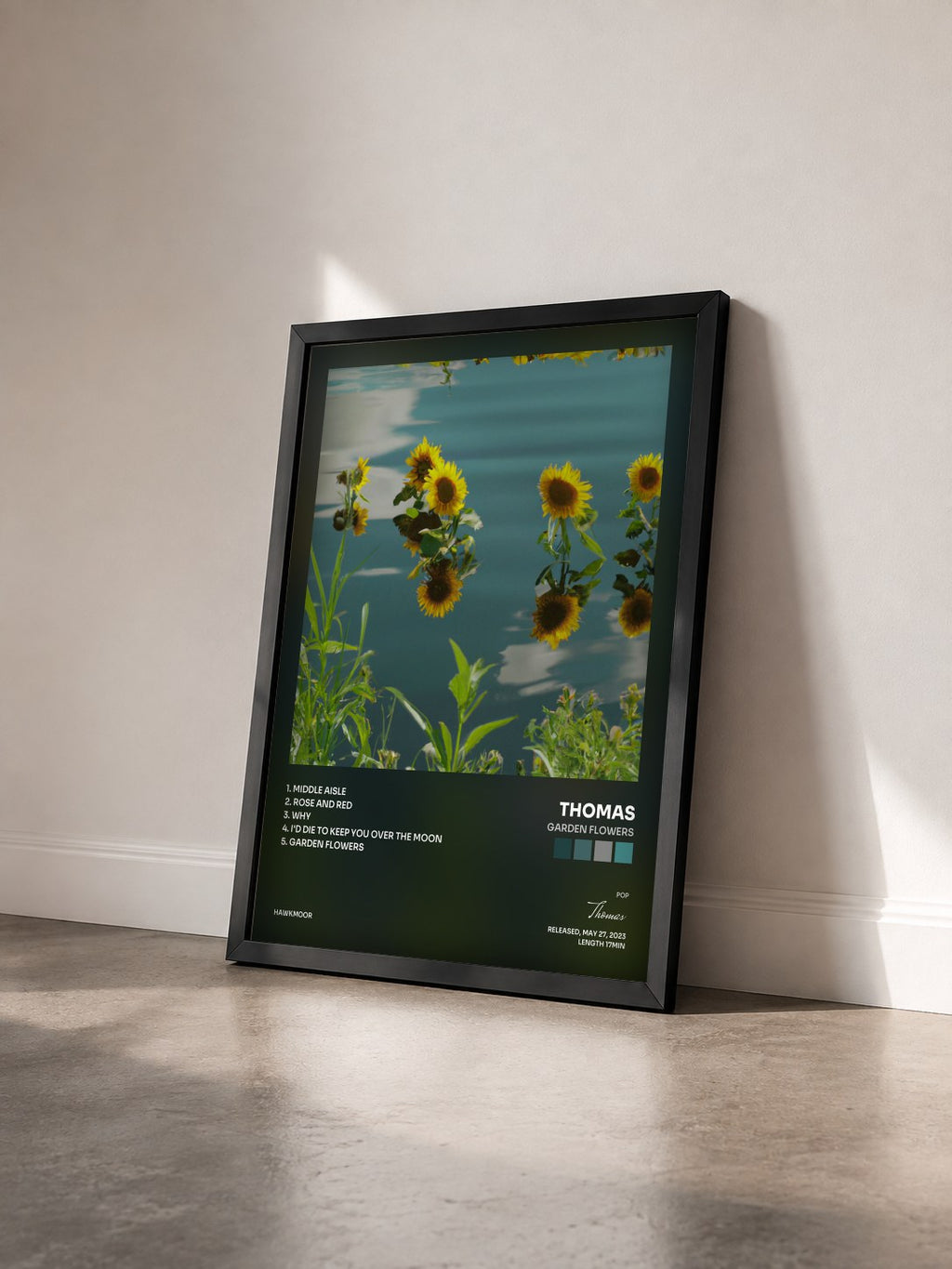 #noir Tableau de l'album Garden Flowers de Thomas vu de trois quarts, cadre noir