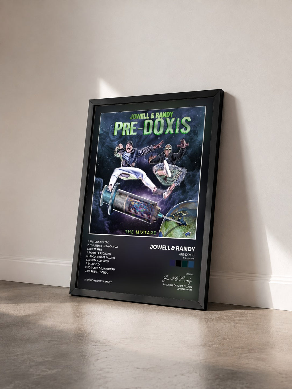 #noir Tableau de l'album Pre-Doxis (The Mixtape) de Jowell & Randy vu de trois quarts, cadre noir