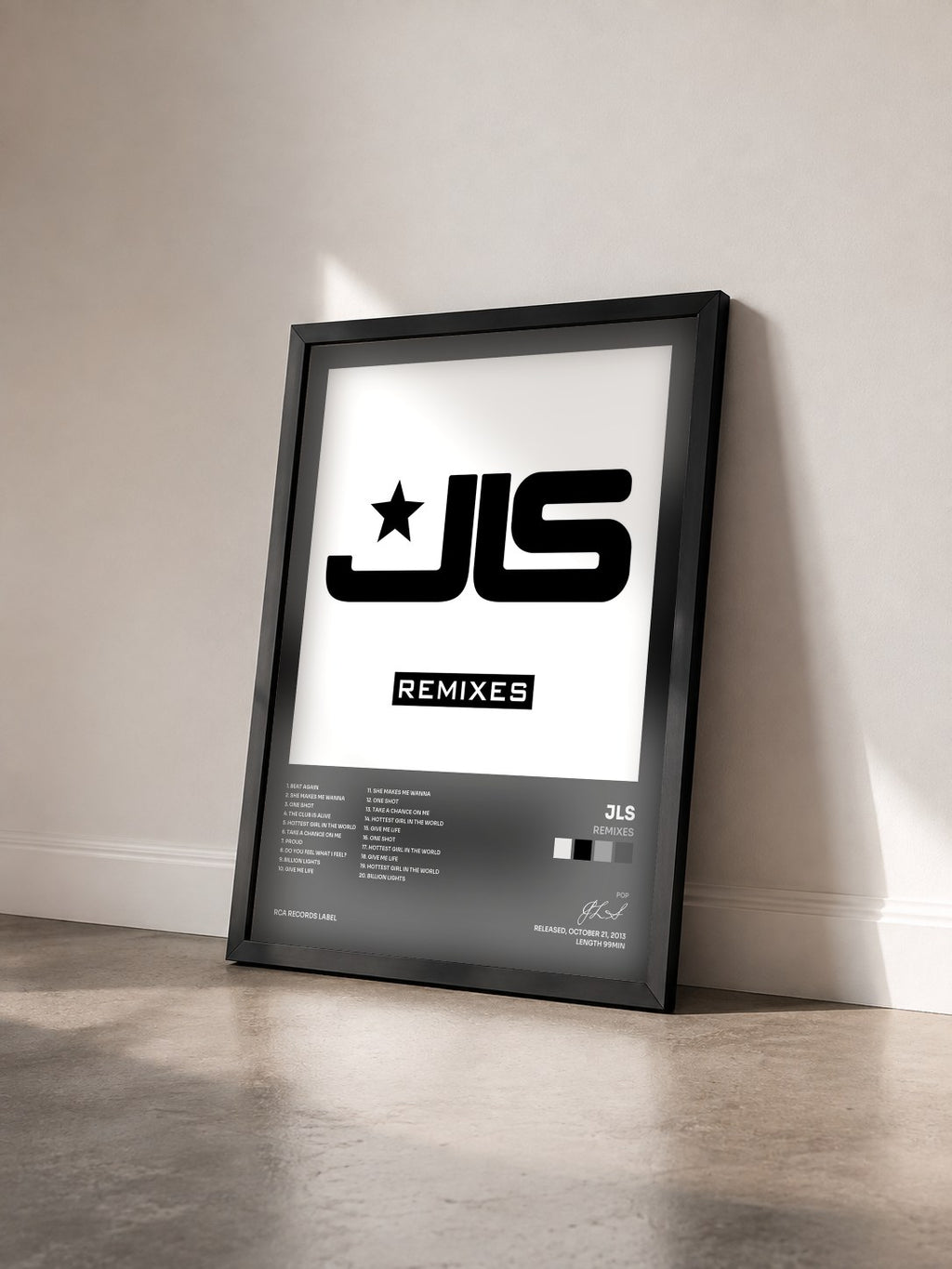 #noir Tableau de l'album Remixes de JLS vu de trois quarts, cadre noir