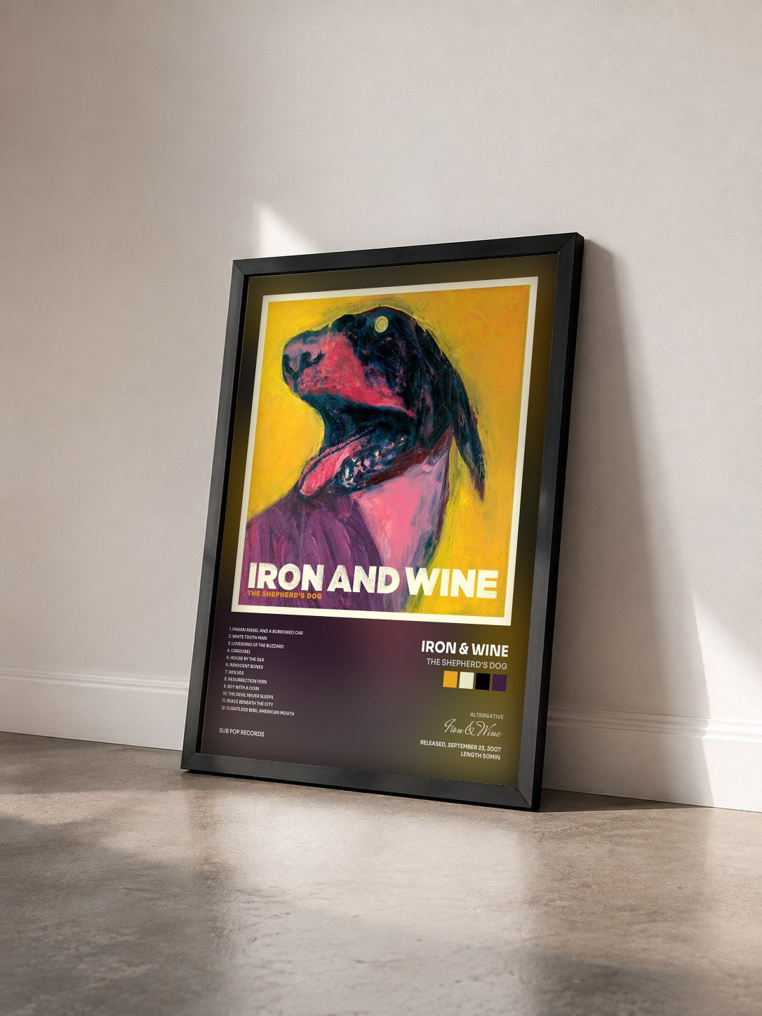 #noir Tableau de l'album The Shepherd's Dog de Iron & Wine vu de trois quarts, cadre noir