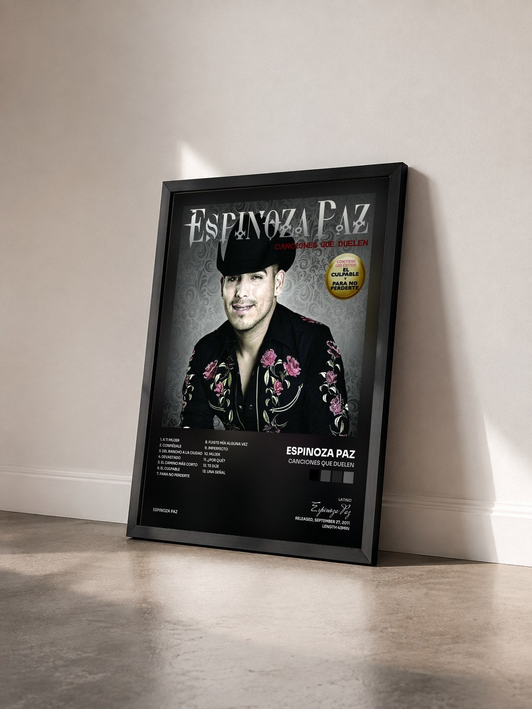 #noir Tableau de l'album Canciones Que Duelen de Espinoza Paz vu de trois quarts, cadre noir