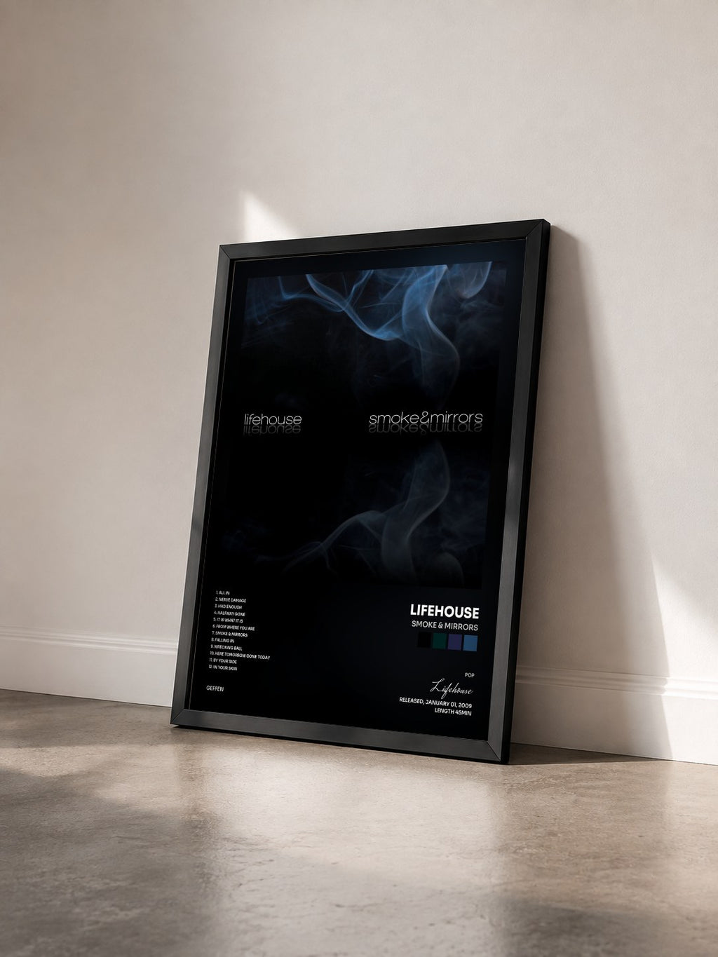 #noir Tableau de l'album Smoke & Mirrors de Lifehouse vu de trois quarts, cadre noir