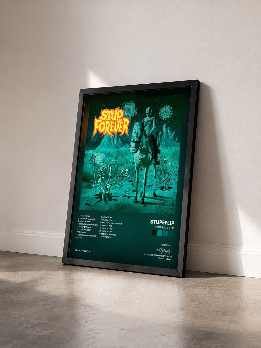 #noir Tableau de l'album Stup Forever de Stupeflip vu de trois quarts, cadre noir