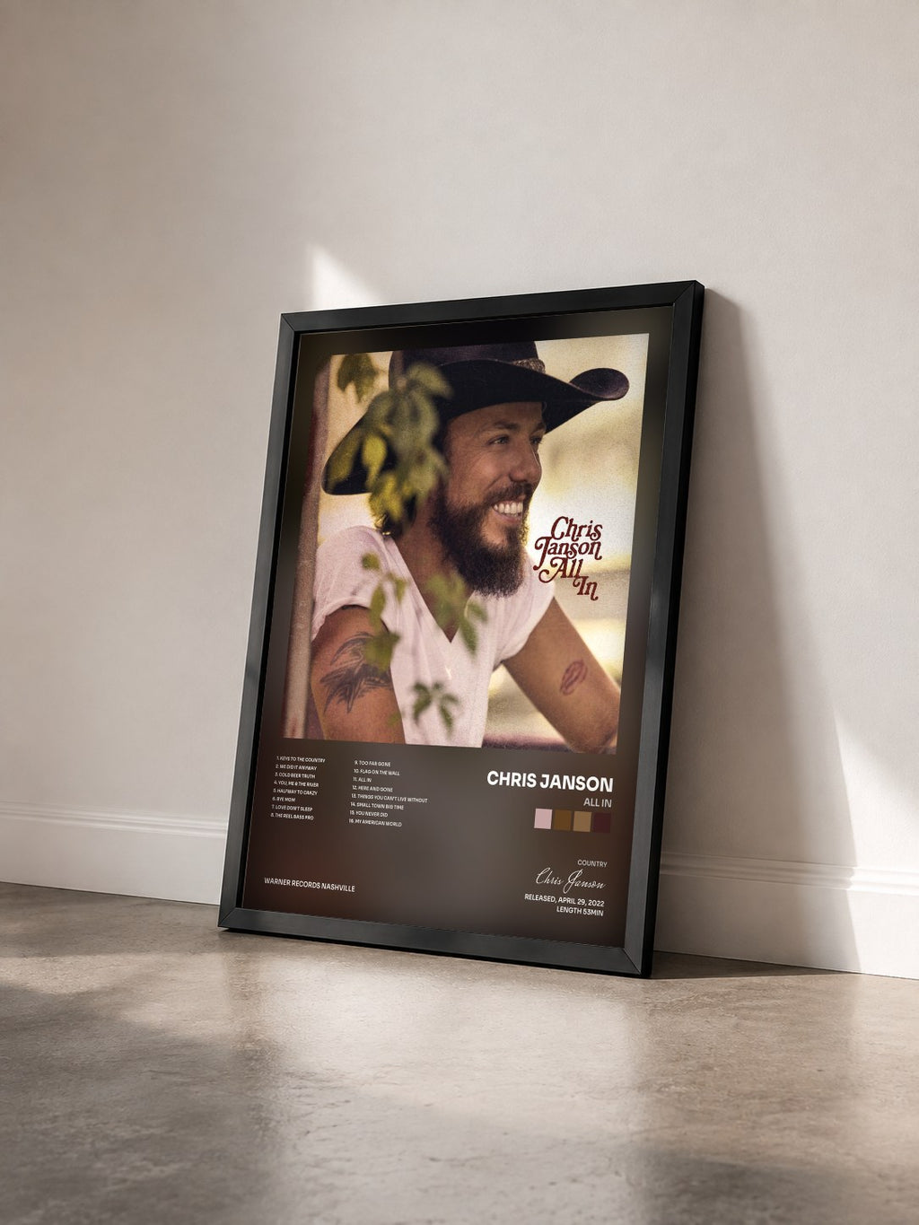 #noir Tableau de l'album All In de Chris Janson vu de trois quarts, cadre noir
