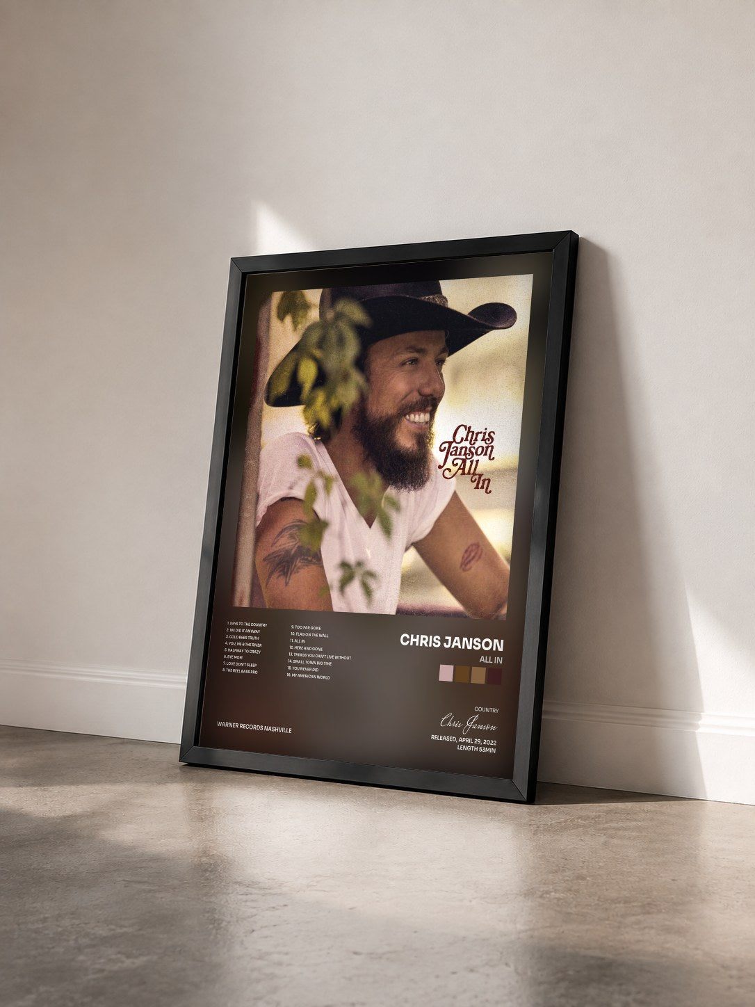 #noir Tableau de l'album All In de Chris Janson vu de trois quarts, cadre noir