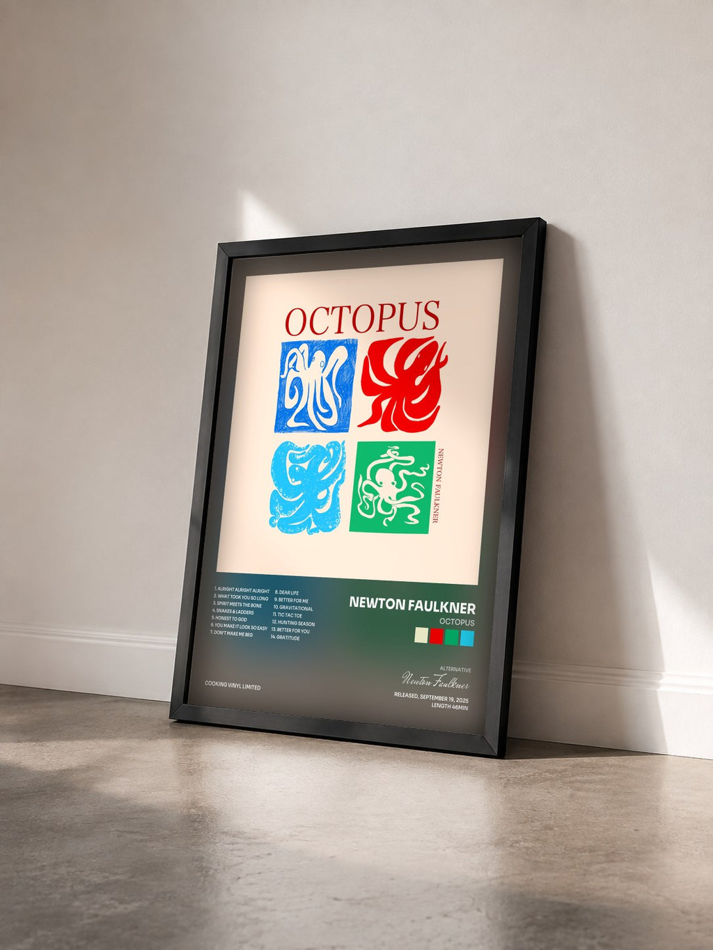 #noir Tableau de l'album OCTOPUS de Newton Faulkner vu de trois quarts, cadre noir