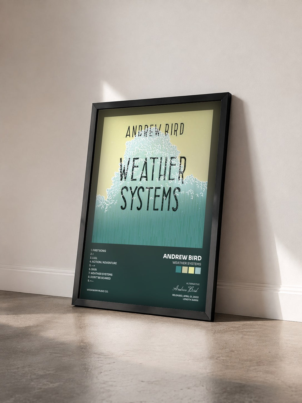 #noir Tableau de l'album Weather Systems de Andrew Bird vu de trois quarts, cadre noir