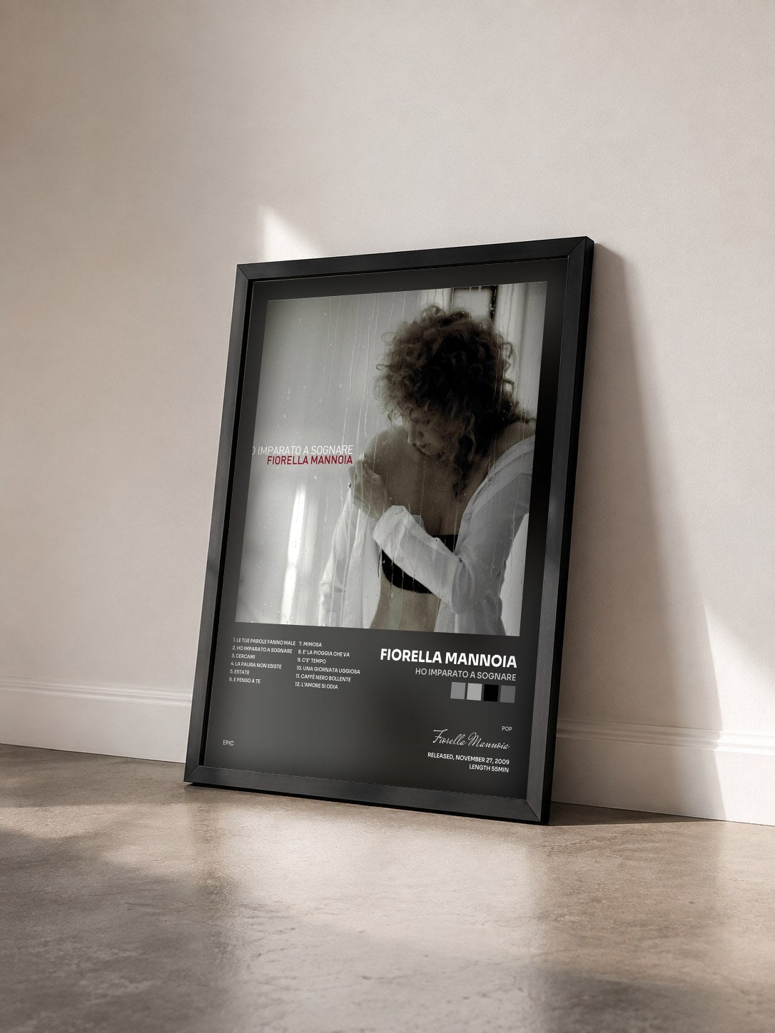 #noir Tableau de l'album Ho Imparato A Sognare de Fiorella Mannoia vu de trois quarts, cadre noir