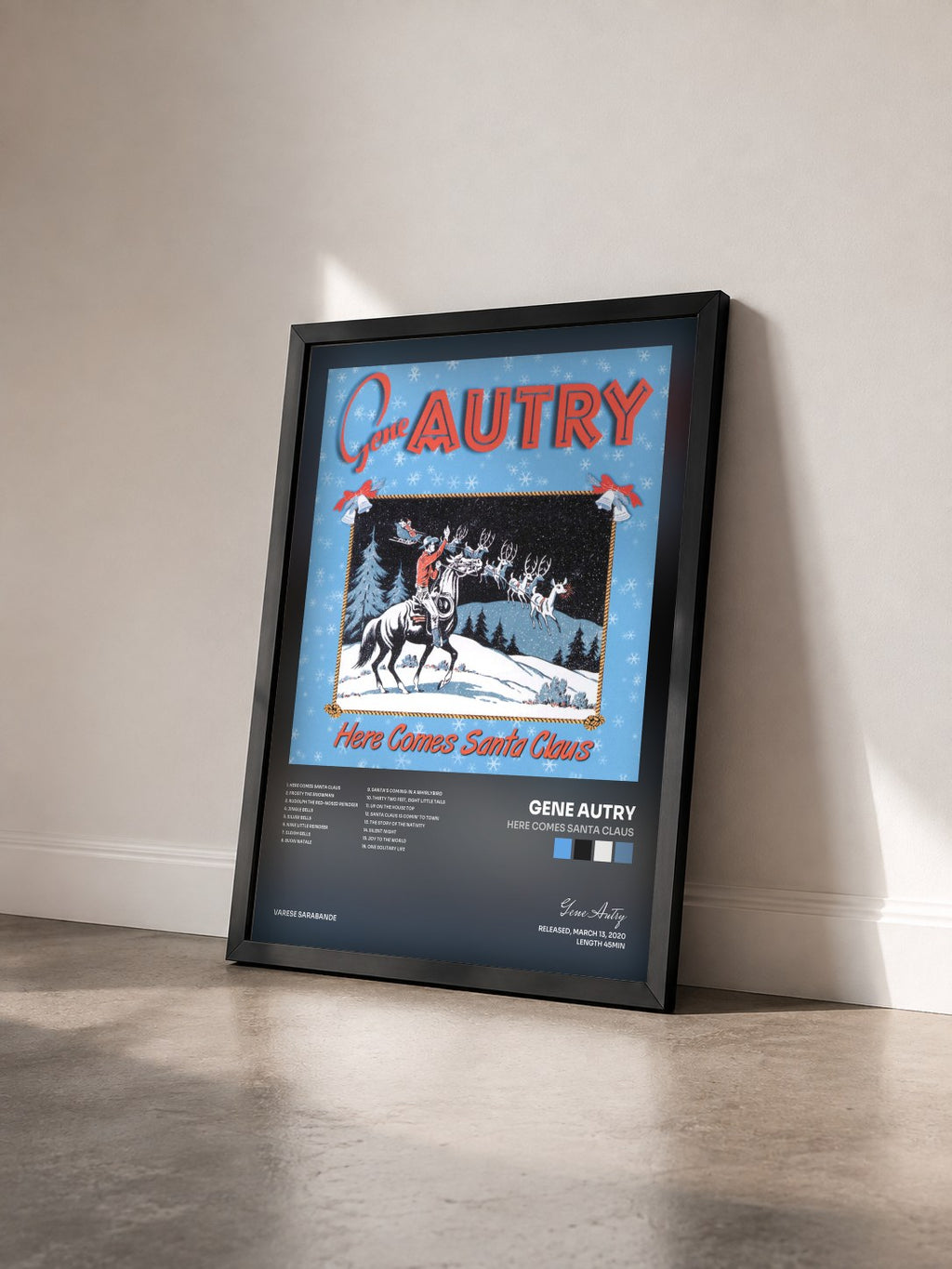 #noir Tableau de l'album Here Comes Santa Claus de Gene Autry vu de trois quarts, cadre noir