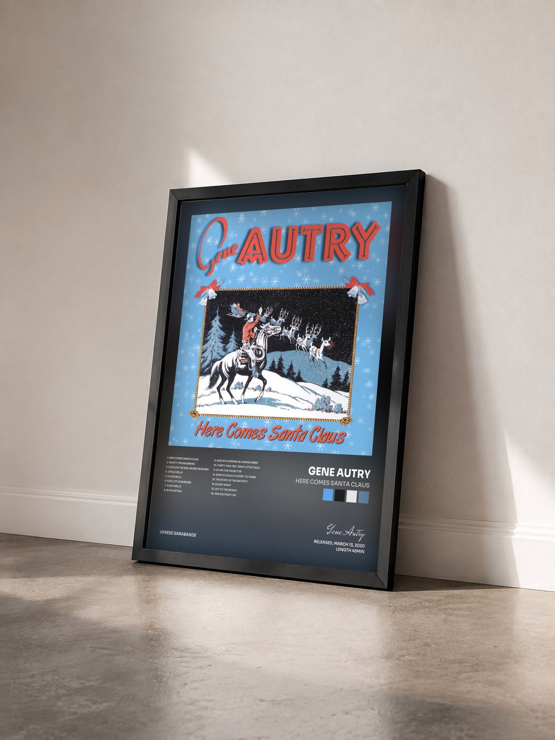 #noir Tableau de l'album Here Comes Santa Claus de Gene Autry vu de trois quarts, cadre noir