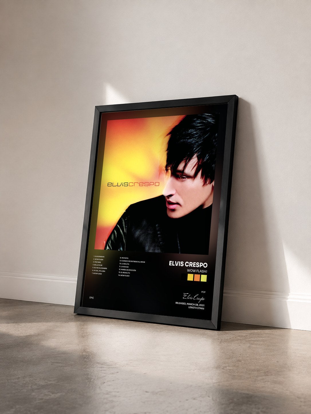 #noir Tableau de l'album Wow Flash! de Elvis Crespo vu de trois quarts, cadre noir