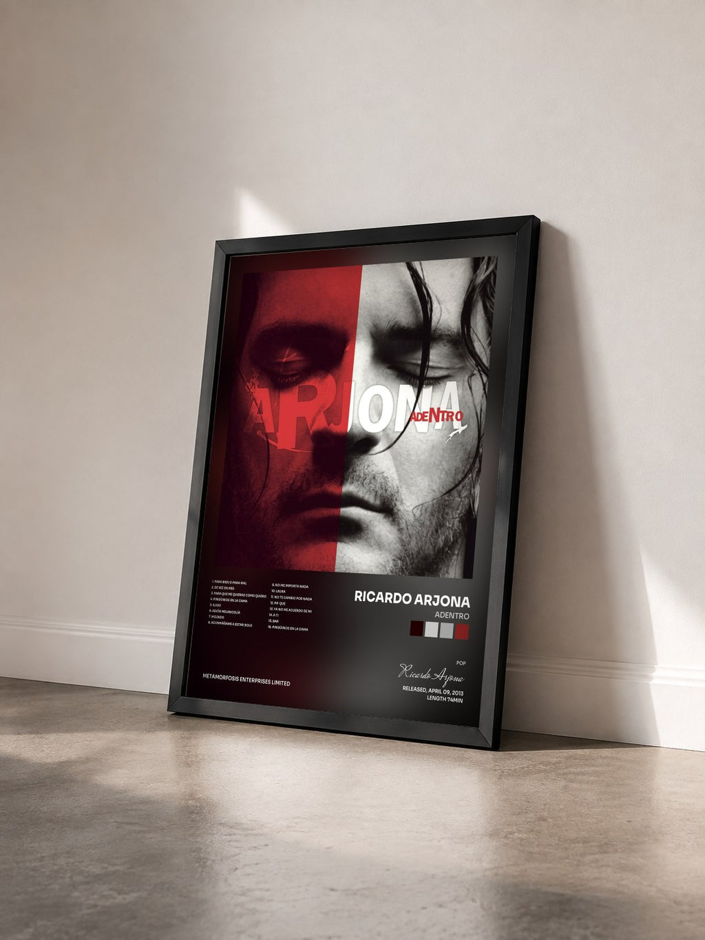 #noir Tableau de l'album Adentro de Ricardo Arjona vu de trois quarts, cadre noir